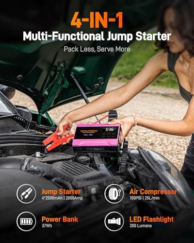 WOLFBOX 2000A Jump Starter with Air Compressor, 37Wh Car Battery Booster Jumper Starter Portable(up to 5L Gas Engine), 12V Jump Box Pack with 150PSI Tire Inflator, Jumper Cables, LED Light — Hot Pink - Thumbnail 2