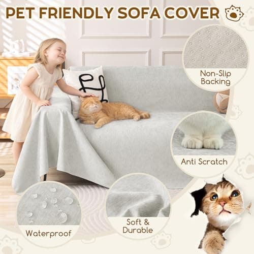 Waterproof Couch Covers for Pets, Couch Protector from Cat Claws, Washable Sofa Covers for 2-3 Cushion Couch, Sectional L Shaped Slipcover Loveseat Furniture Protector for Dogs, 71"x102", Light Grey - Thumbnail 3