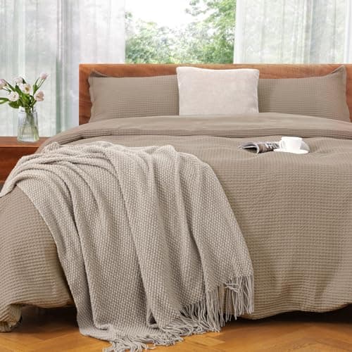 VALUXE Duvet Cover Set Queen Size 100% Cotton,Khaki Waffle Weave Soft and Breathable 3 PCs Bedding Set (1 Duvet Cover and 2 Pillow Sham) - Image 1