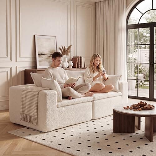 Boneless Loveseat Sofa, 2 Seater Couch with 4 Pillows, No Assembly Required, Soft High Density Foam Cushion, Modern Living Room Futon for Small Space Apartment and Office (White, 75.58" 2 Seaters) - Image 1