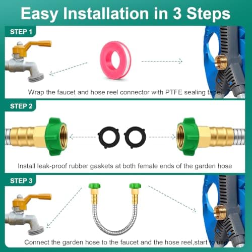 Short Metal Garden Hose Connector 5FT, Stainless Steel Small Hose Extension Adapter for Hose Reel, Flexible, Lightweight & Heavy Duty Water Pipe, No Kinking Outdoor Water Hose for Yard - Thumbnail 5