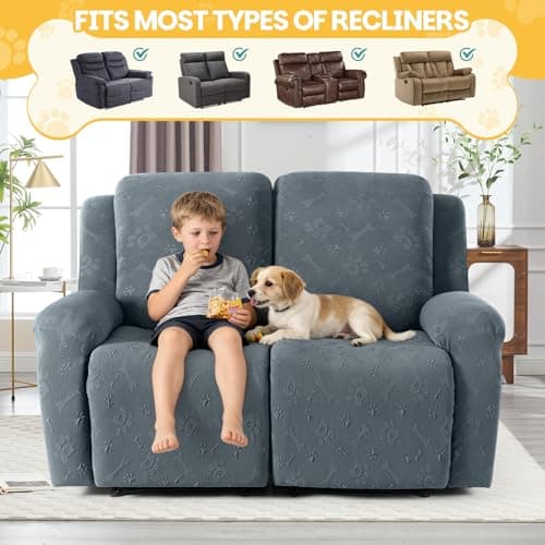 Ruaozz Loveseat Recliner Covers, 6 Pieces Dual Recliner Couch Cover Stretch Paw Bone Prints Reclining Sofa Slipcovers Soft Furniture Protector with Pockets for Dogs Pets (2 Seat, Gray) - Thumbnail 5