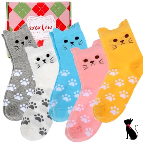 ZXGXLAW 5 Pack Women's Cat Socks Colorful Cute Funny Crew Socks,Novelty Gifts for Teenage Girls Girlfriend Animal Lovers - Image 1