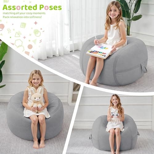 HABUTWAY Bean Bag Chair, 2FT Bean Bag Chairs with Memory Foam Filling, Small Beanbag Chairs with Portable Handle, Comfy Bean Bag Sofa for Living Room Bedroom Reading Room, Light Grey - Thumbnail 6