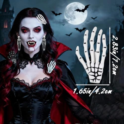 Halloween Hair Clips Skeleton Hands Bone 6Pcs White and Black, Punk Rock Horror Alligator Barrettes Hair Clip for Women Girls Hair Accessories(Hairpin, 6 Pcs) - Thumbnail 3