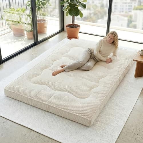cidludto Japanese Floor Futon Mattress Queen Size，4" Futons Sofa Couch Bed, Floor Mattress for Adults, Thicker Tatami Mat Sleeping Pad Foldable, Floor Futons Cushions, Beige