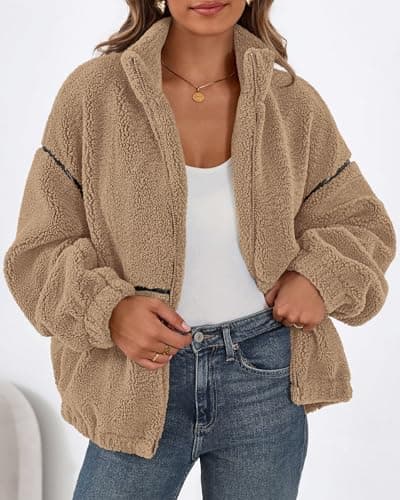 KIRUNDO Sherpa Jacket Women Fleece Oversized Zip Up Winter Coats Fall Jackets Faux Fur Warm Outwear 2026 Fashion Clothing(Khaki, Medium) - Thumbnail 2