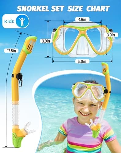 Greatever Snorkeling Gear for Kids, Dry Snorkel Set Panoramic View Snorkel Mask, Anti-Fog Scuba Diving Mask for Kids Youth Age 6-14, Unisex Swimming Goggles (Green Orange) - Thumbnail 6