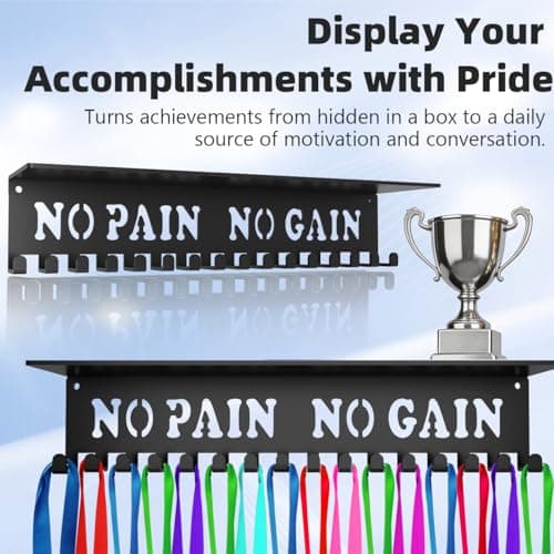 Bliocefo Medals Hanger Holder Display Steel Rack Hooks Wall Mount Frame Over 60 Medals-Sports Medal Hook Storage Organizer Never Give Up Ribbon with Easy Hanging Bars Black (No Pain No Gain Shelf) - Thumbnail 2