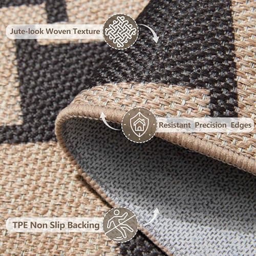 Latte&Fog Modern Checkered Easy Jute 4x6 Rug, Washable Outdoor Patio Rug for Living Room, Black and Brown Contemporary Non Slip Natural Indoor Carpet for Bedroom Backyard Office Dining Room - Thumbnail 5