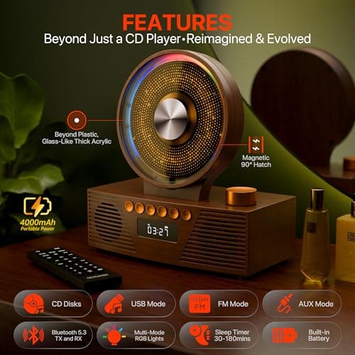 Retro Portable CD Player for Home Decor, CD Player with Speakers, Bluetooth/Battery/Remote, Desktop Vintage CD Players for Kids to Seniors, Combo with Radio/USB Driver/Stereo Sound/AUX/Timer - Thumbnail 2