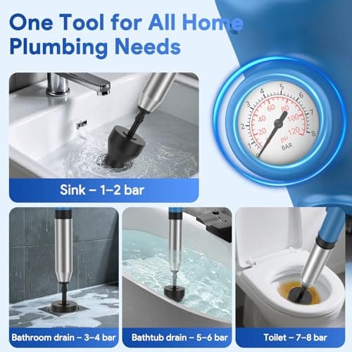 Granarbol High Pressure Toilet Plunger, Air Drain Blaster with Real-Time Gauge,Heavy Duty Toilet Auger & Drain Snake-Clog Remover for Toilets, Sinks, Floor Drains (Blue) - Thumbnail 6