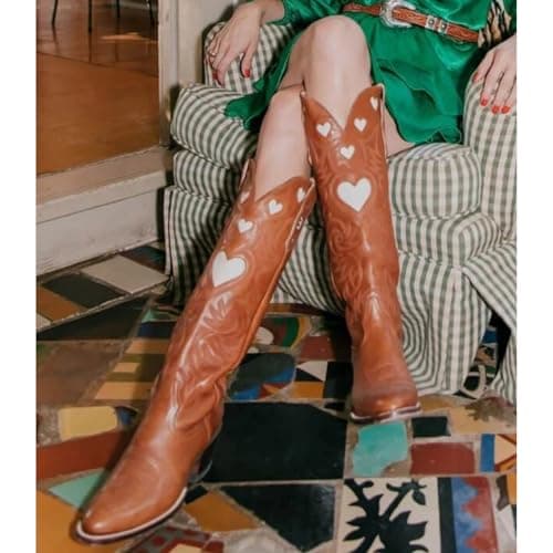POYOIOR Orange Cowboy Boots for Women Wide Calf Round Toe Chunky Stacked Heel Knee High Cowgirl Boot Heart Pattern Classic Embroidered Tall Western Booties Pull on Size 7 - Thumbnail 2