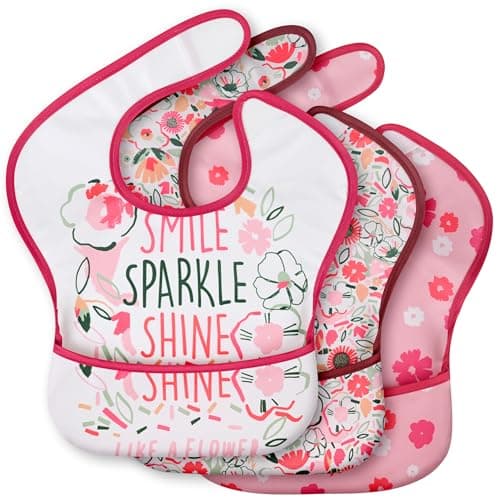 CIVARUA KIDS 3-Pack Waterproof Baby Bibs for Eating - Mess Proof Lightweight Toddler Feeding Bibs with Large Food Catcher, Food-Grade Baby Eating Essentials, Easy to Put On & Clean(Pink Floral) - Image 1