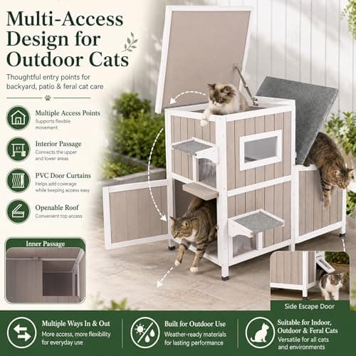 PetsCosset Cat House for Outdoor Cats Outside Feral Cat Shelter Weatherproof Wooden Cat Houses for 2-3 Cats with 3 Rooms 3 Escape Doors 2 Openable Asphalt Roofs - Thumbnail 5