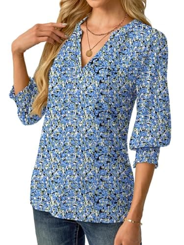 GKBK Womens 3/4 Sleeve Shirts V Neck Dressy Casual Spring Summer Blouses with Smocked Cuffs Blue Floral - Thumbnail 2