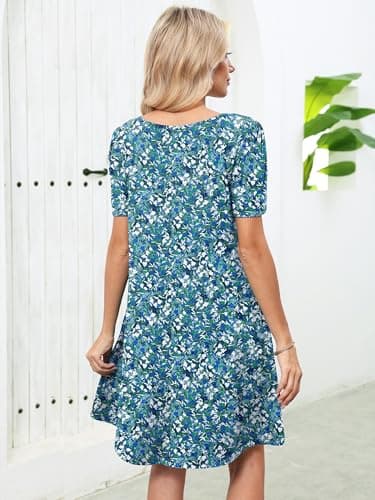 Heymoments Women's Short Sleeve Dress Floral Print Small Round Neck Casual Flowy Midi Sundress Comfy Tshirt Ladies Teachers Summer Beach Swing 2026 Novelty Dresses with Pockets - Thumbnail 4