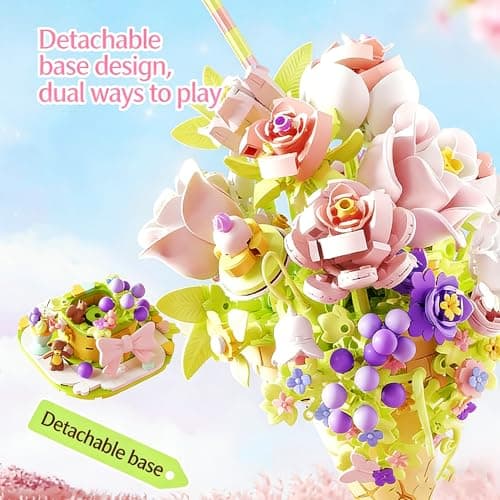 FRIMNS Ice Cream Flower Building Set with Lights, 975pcs DIY Birthday Gift Flower Building Blocks Toy for Adults Women Mom Teen (14+) - Home, Office Decor Anniversary Easter Gift Idea - Thumbnail 4