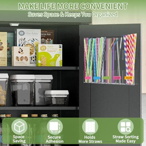 Straw Holder for Cabinet Door - 9.5'' Acrylic Straw Organizer with Adhesive Tape & Stickers, Transparent Straws Storage Container for Cabinet, Straws Dispenser for Counter Cupboard Home Kitchen Cafe - Thumbnail 6
