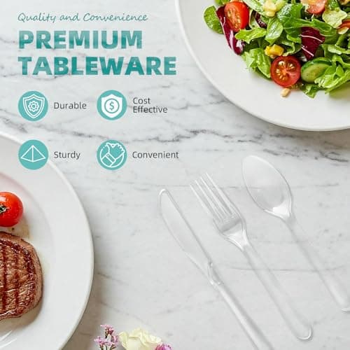 OLLII Plastic Silverware 300 Count Heavy Duty Disposable Clear Cutlery Set 120 Forks 120 Spoons 60 Knives for Parties Picnics Wedding Events Gatherings Daily - Thumbnail 6