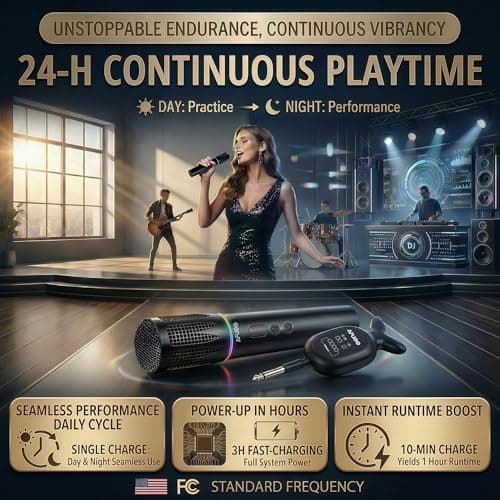 AFUOO Rechargeable Wireless Microphones & Bluetooth Dual-Mics Receiver for Karaoke, Singing, Speech, DJ, 24H Battery, 200ft, RGB Light, Wireless Microphone Set for Mic/Aux/USB Port (Dual Mic, Black) - Thumbnail 5
