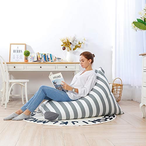 Aubliss Stuffed Animal Storage Bean Bag Chairs Cover, 50"x 35" Extra Large Bean Bags Chair for Kids Adults, Beanbag Toy Storage for Boys Girls - Premium Cotton Canvas Grey Stripe - Thumbnail 5