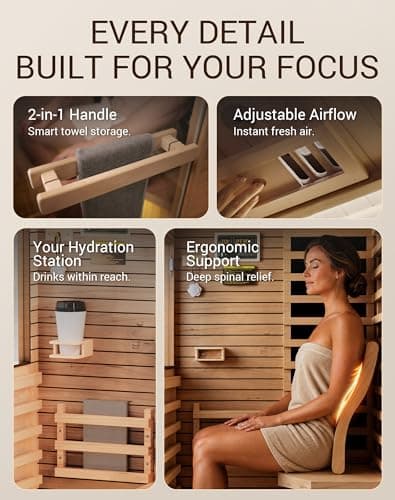 Mikolo 1 Person Far Infrared Sauna for Home | Ultra-Low EMF Indoor Dry Sauna | Solid Canadian Hemlock with 5 Carbon Heaters | Chromotherapy Light Therapy & Bluetooth for Wellness and Relaxation - Thumbnail 6