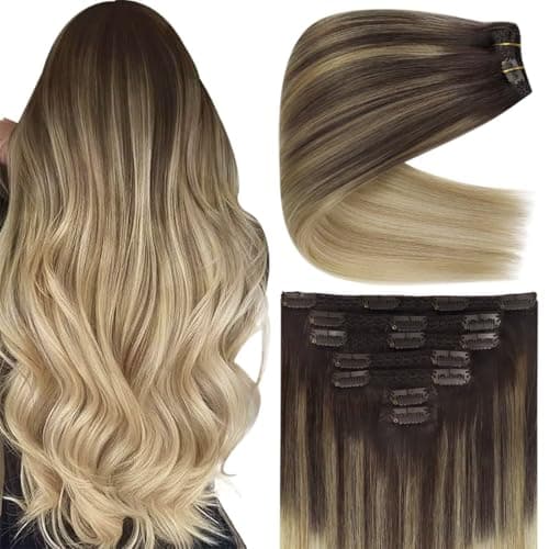 Ve Sunny Real Hair Extensions Clip in Human Hair Brown Ombre Golden Blonde Hair Extensions Clip ins Balayage Platinum Blonde Remy Human Hair Short Straight 12 Inch 85g 5pcs