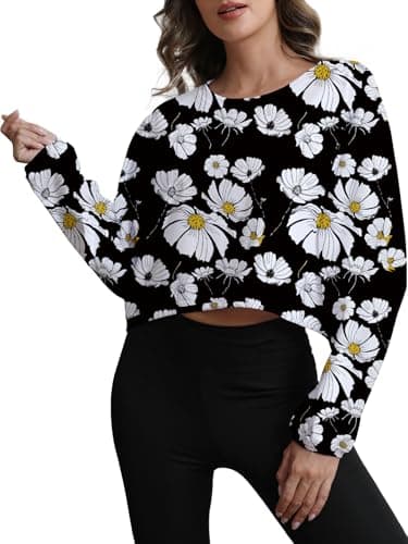 MATEAM Womens Cropped Sweatshirt Loose Fit Workout Tops - Crewneck Pullover Long Sleeve Casual Fashion Sweaters for Yoga Gym Fitness Floral XS - Image 1