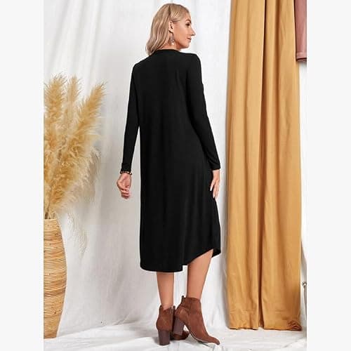 Lounge Dress for Women Long Sleeve Nightgown Midi Long Dress Loose Casual Side Slit Dresses Pocket L Black - Thumbnail 5