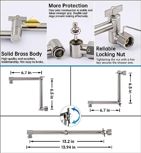G-Promise All Metal 10 Inches Rainfall Shower Head with Handheld Spray Combo, 3 Settings Diverter, Adjustable Extension Arm with Lock Joints, 71 Inches Stainless Steel Hose (Brushed Nickel) - Thumbnail 4