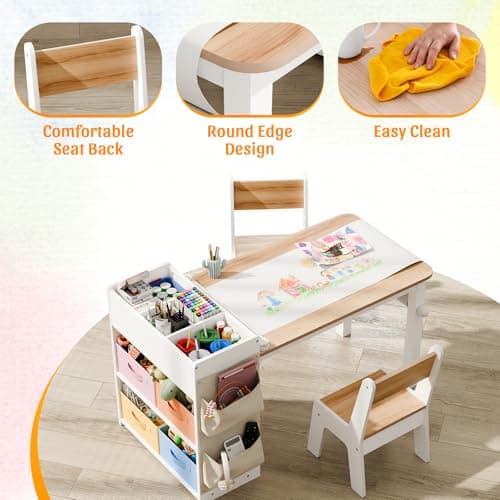 IKALIFE Kids Art Table and Chair - Toddler Craft Table and Chairs Set with 2 Chair & Bins, Large Storage Kids Activity Desk with Paper Roll for Playrooms & Classroom, 40" L x 20" W, Natural - Thumbnail 4