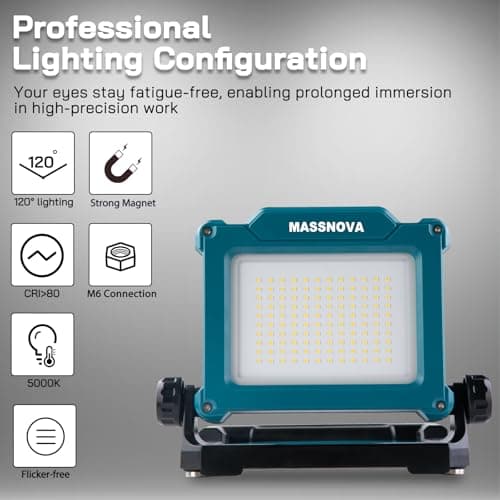 MASSNOVA 4000LM 25W Cordless Work Light Compatible with Dewalt, Makita and Milwaukee 18-21V Power Battery, Brightness Adjustable, Flicker Free (Battery Not Included) - Thumbnail 3