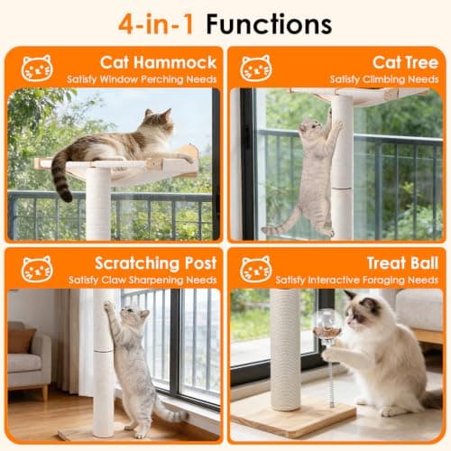 Cat Window Perch with Scratching Post, Keaber 44" Tall Adjustable Sisal Cat Tree for Large Cats Up to 33lbs, Suction Cup Wooden Hammock for Climbing, Bird Watching, Sleeping (Beige, Washable Cushion) - Thumbnail 2
