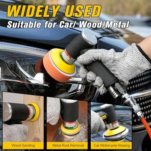 SI FANG 1'' 2'' 3'' Mini Random Orbital Air Sander Kit, High Speed Pneumatic DA Sanders Polisher for Auto Body Work, Includes 27Pcs 1/2/3in Polishing Sponge & Wool Pads, 15Pcs Sandpapers (Black) - Thumbnail 2