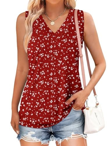 GKBK Women's Tank Tops Loose Fit Summer Sleeveless Shirts Business Casual Blouses V Neck T Shirts Spring Tops Hawaiian Beach Vacation Clothes Red-White Flowers L - Thumbnail 2