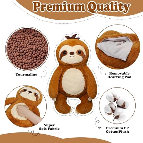 NIUBEHOHO Weighted Heating Sloth Stuffed Animals - 16 Inch Big Microwavable Sloth with Zipper Cute Heating Pad Plush Toy Washable Unscented Comfort Hug Pillow for Kid Teen Adult Birthday Gift 2.2 Lbs - Thumbnail 6