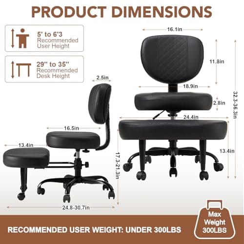 Avocahom Ergonomic Cross Legged Office Chair with Wheels, Criss Cross Desk Chair with Leg Rest, Meditation Chair Yoga Kneeling Chair, Adjustable ADHD Chair Black - Thumbnail 2