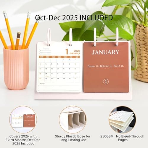 Bibiage Small Desk Calendar 2025-2026, Dec 2025 to Dec 2026, Monthly Decorative Flip Calendar for Desk with Motivational Quotes, Cute Desk Decor, Office Supplies, 10" x 6", White - Thumbnail 2