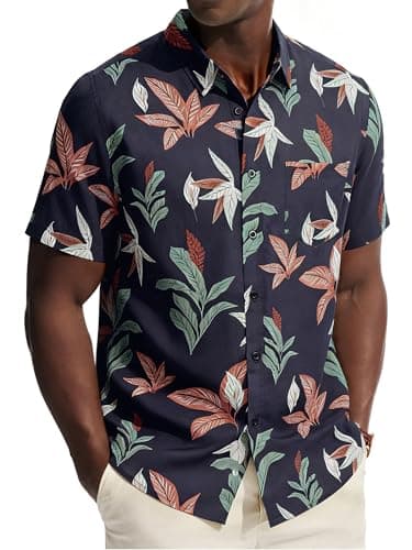PJ PAUL JONES Hawaiian Shirt for Men Short Sleeve Button Down Shirts Wrinkle Free Collared Shirts with Pocket Tropical Leaf Print - Image 1