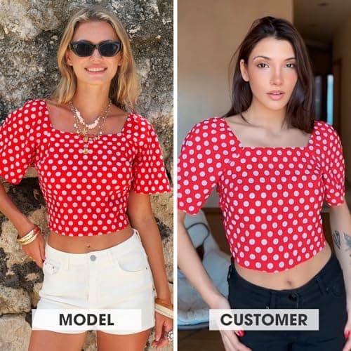 EXLURA Women's 100% Cotton Polka Dot Crop Top Square Neck Open Back Tie Knot Summer Vacation Beach Blouse Cute Ruffle Shirts Red - Thumbnail 5