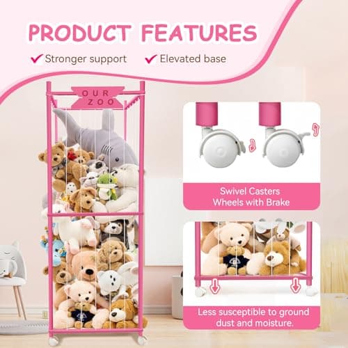 Stuffed Animal Storage Zoo with Wheels, Wooden Large Stuff Animals Plushies Holder Toy Organizer Kids Plush Storage Cage with Elastic Band and Net for Nursery Playroom Corner for Toddler (Hot Pink) - Thumbnail 5