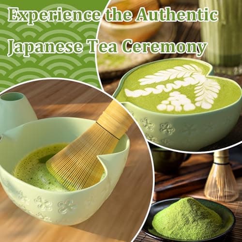 Matcha Whisk Set & Japanese Tea Set, 8PCS Ceramic Matcha Kit, Heart-shaped Matcha Bowl with Spout and Bamboo Whisk for Ceremony Matcha Lovers, Ideal Gift Christmas and Birthday (Matcha Green) - Thumbnail 2