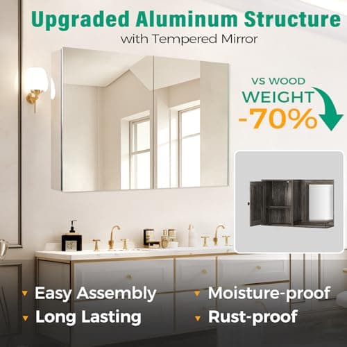 HABIUBIU 14 x 18 in Medicine Cabinet Mirror,Bathroom Mirror Cabinet with Adjustable Shelves, Aluminum Silver Medicine Cabinets for Bathroom,Vanity Decor,Wall Mounted or Recessed - Thumbnail 6