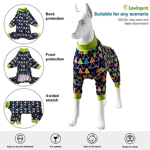LovinPet Big Dogs PJS Onesies, Blue Triangle Print, Post Surgery Shirt, UV Protection, Pet Anxiety Relief, Wound Care Onesie for Large Dog,3XL - Thumbnail 3