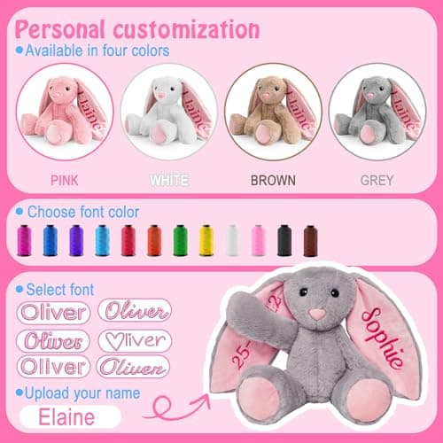 Custom Embroidered Plush Bunny with Name, Personalized Baby Plush Toys, Personalized Bunny Stuffed Animal, Toys for 1+ Years Old Girls, Easter Birthday Gifts for Baby Girls Boys Toddlers Newborn - Thumbnail 6