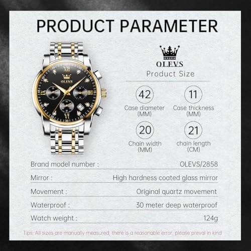 OLEVS Watch Men Black Face Gold and Silver Watches for Men Waterproof Stainless Steel Large Face Mens Watches Business Chronograph Analog Quartz Men's Wrist Watch Dress Two Tone Reloj para Hombre - Thumbnail 6