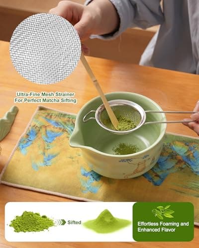Matcha Whisk Set, Ceramic Matcha Set Includes Matcha Bowl, Matcha Whisk and Holder, Bamboo Scoop, Scoop Rest, Sifter and Tea Towel - 7 Pcs Matcha Kit(Green) - Thumbnail 3