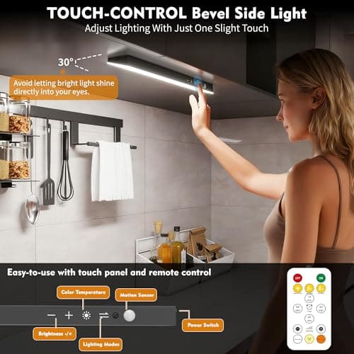 12inch 3Pack Touch Control Under Cabinet Lighting, 160LED Super Bright, 4000mAh Long-Lasting, Magnetic Rechargeable Motion Sensor Under Counter Lights for Kitchen, Closet, Remote, Dimmable, 3CCT丨Black - Thumbnail 5