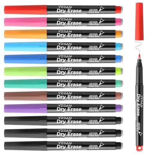 YISAN Dry Erase Markers Ultra Fine Tip,0.7mm Extra Fine Point, Magnetic Whiteboard Markers with Eraser,Assorted Colors,Low Odor,12 Count,70566 - Image 1